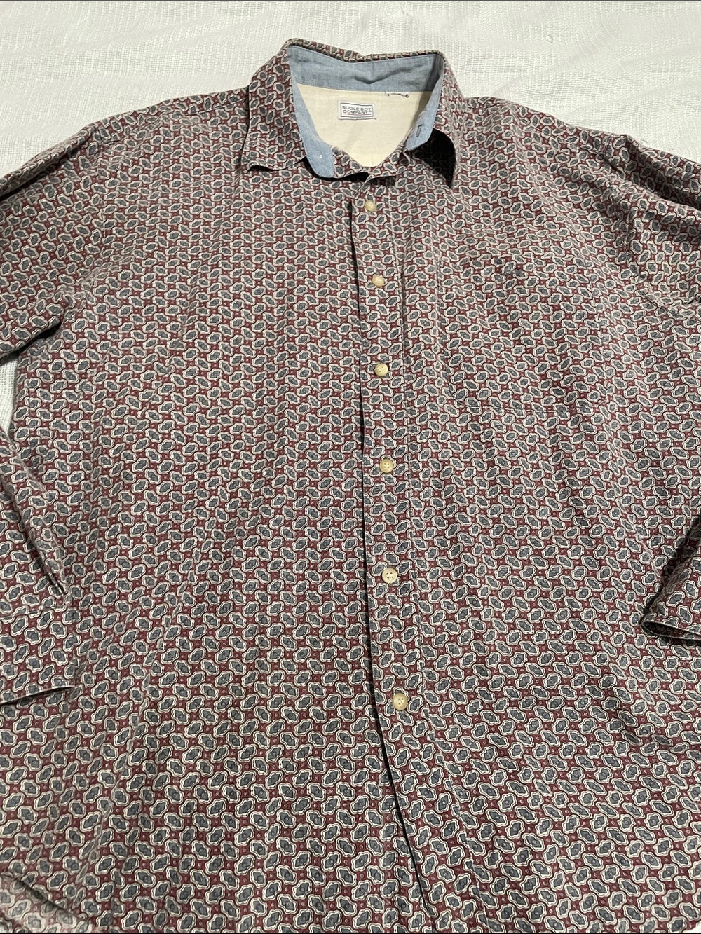 Bugle Boy Casual Button-Down Shirt in Burgundy and Gray Geo Print